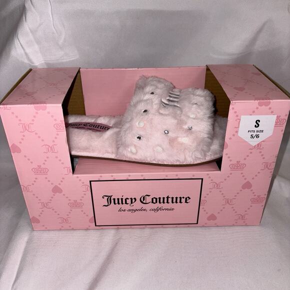 Juicy Couture Slippers Womens SMALL 5/6 Faux Fur Slides Pearl Logo Luxury NEW - Picture 1 of 5